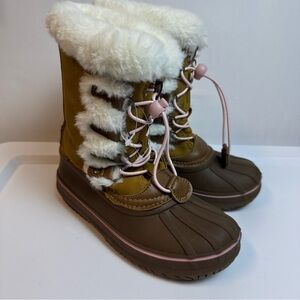 London Fog Kids Brown SnowBoots w/ Pink Accents sz 2 Faux Fur Winter Outdoor